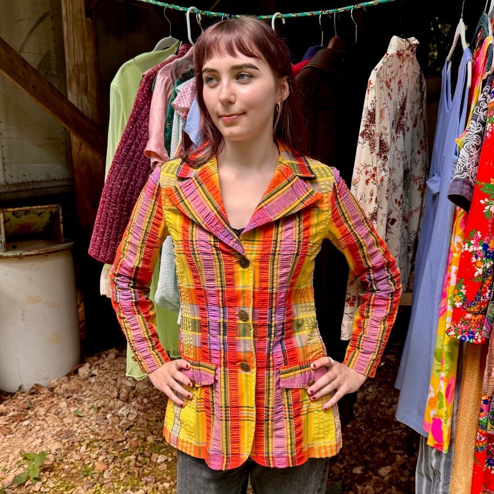 70s jack winter neon sunset plaid seersucker tailored blazer